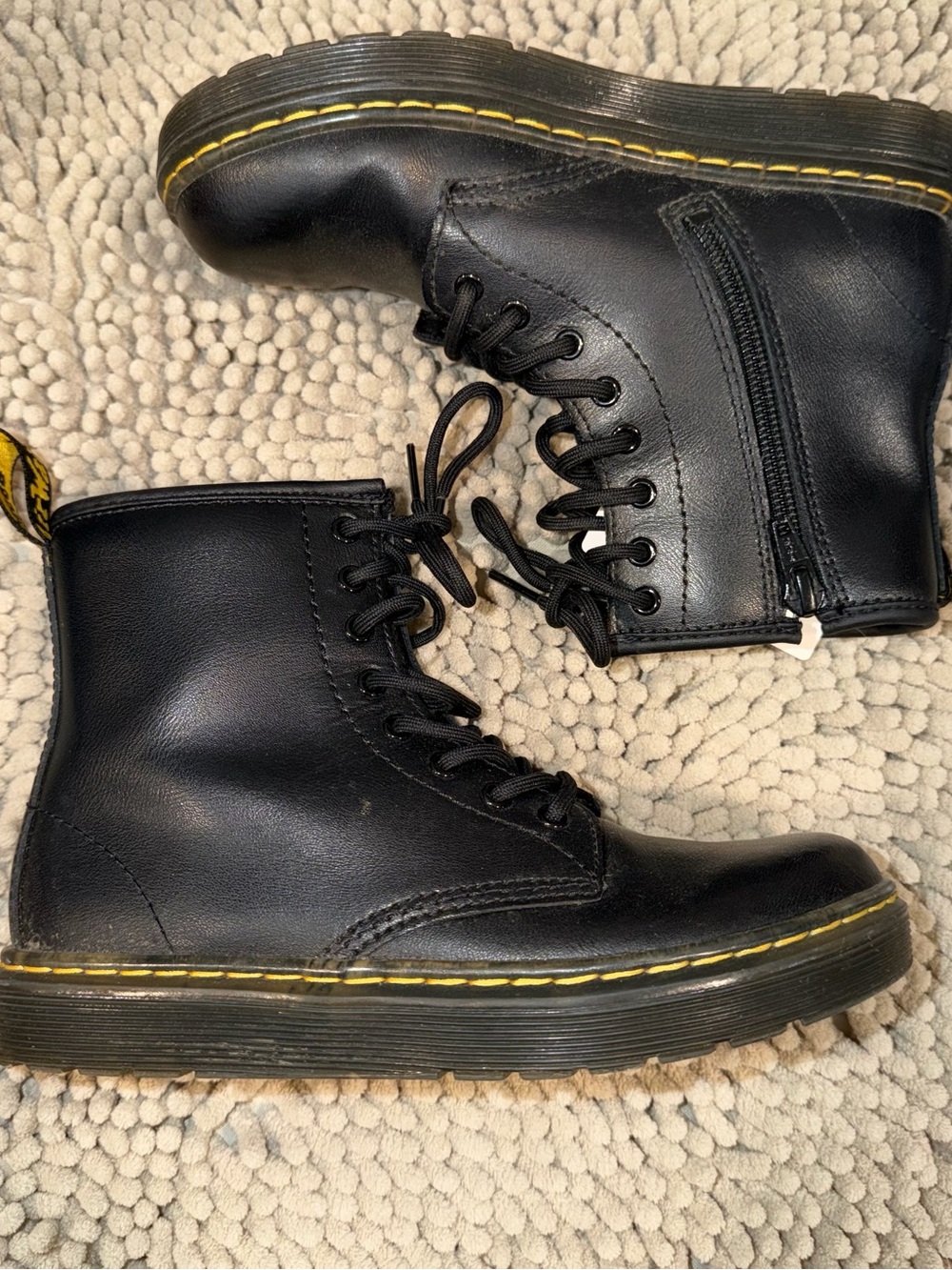 Kids Black Leather Lace-Up Boots with Yellow Stitching youth size 2